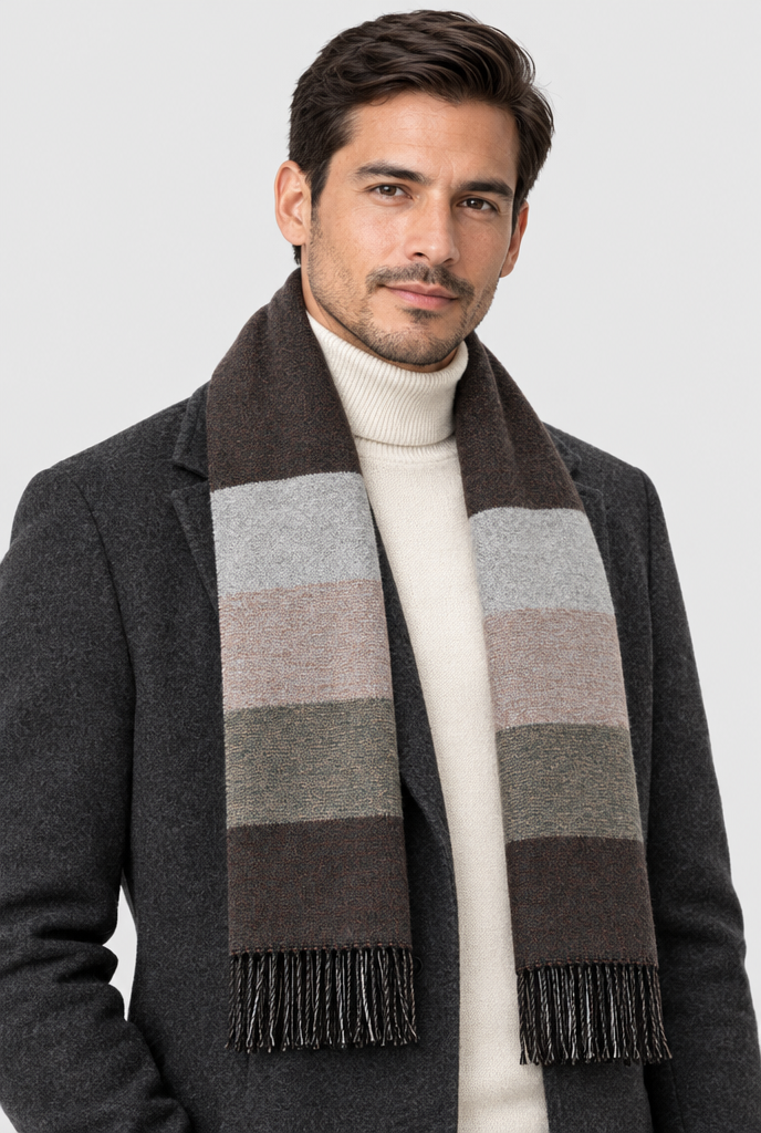Olive Stripe wide striped fringed scarf, worn hero