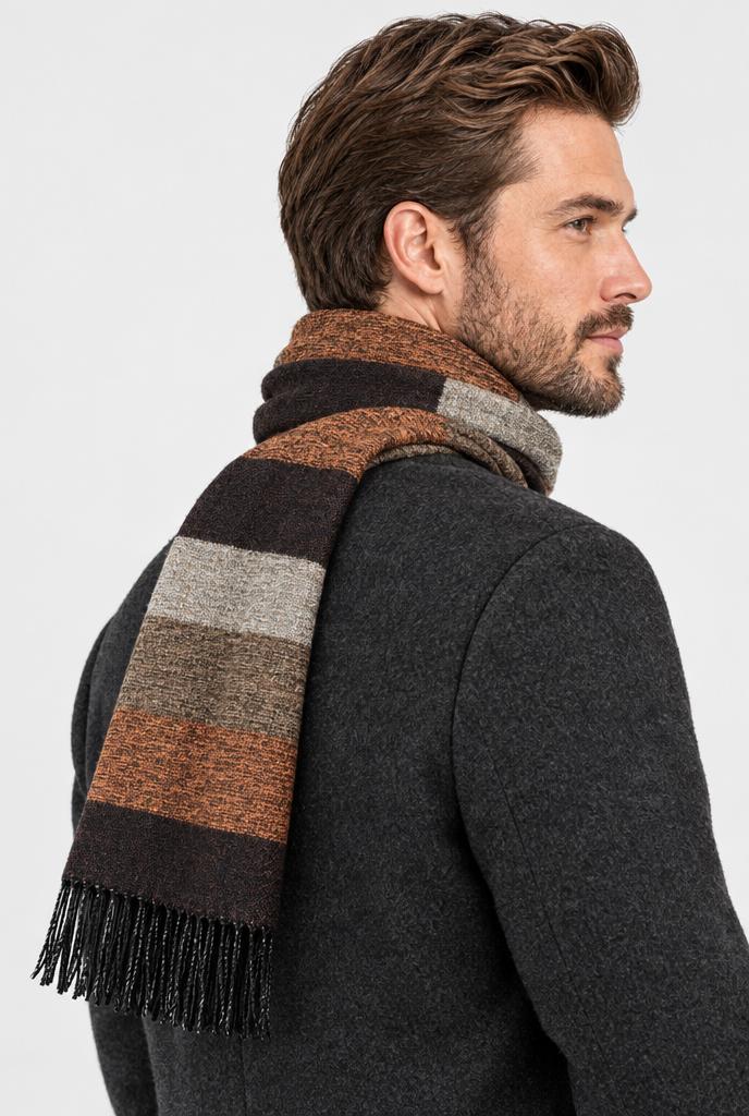 Amber Stripe wide striped fringed scarf, second angle