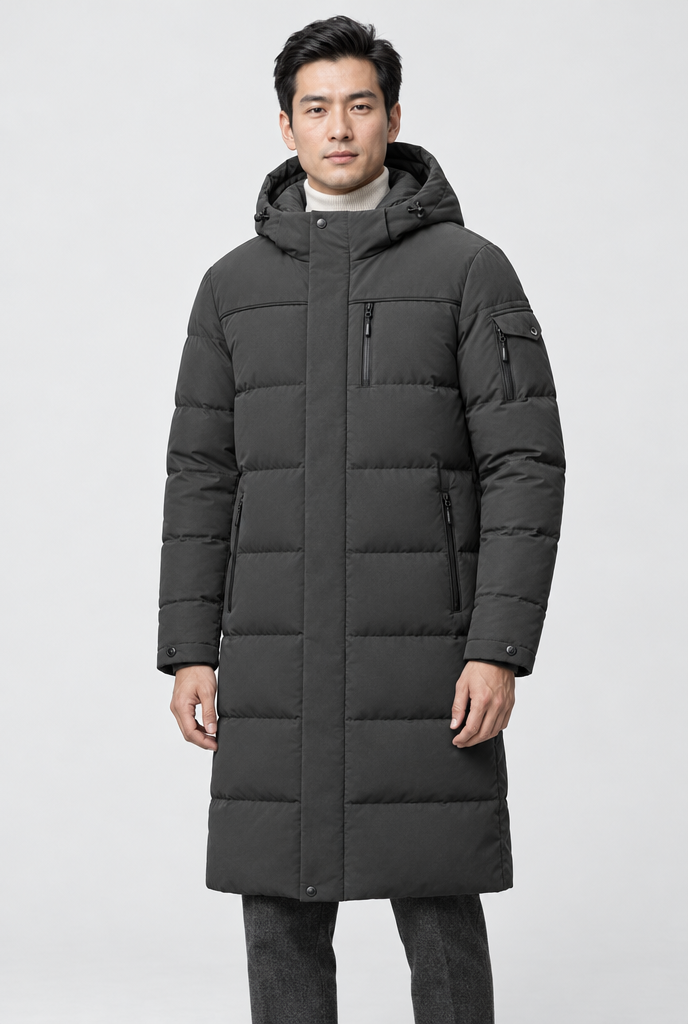 Charcoal long hooded puffer parka, studio hero