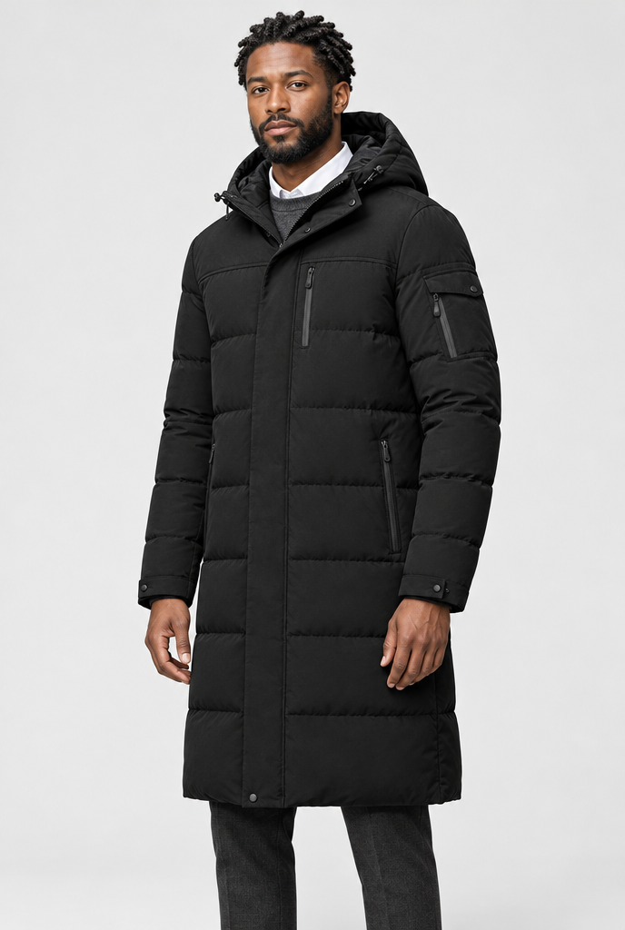 Black long hooded puffer parka, studio hero