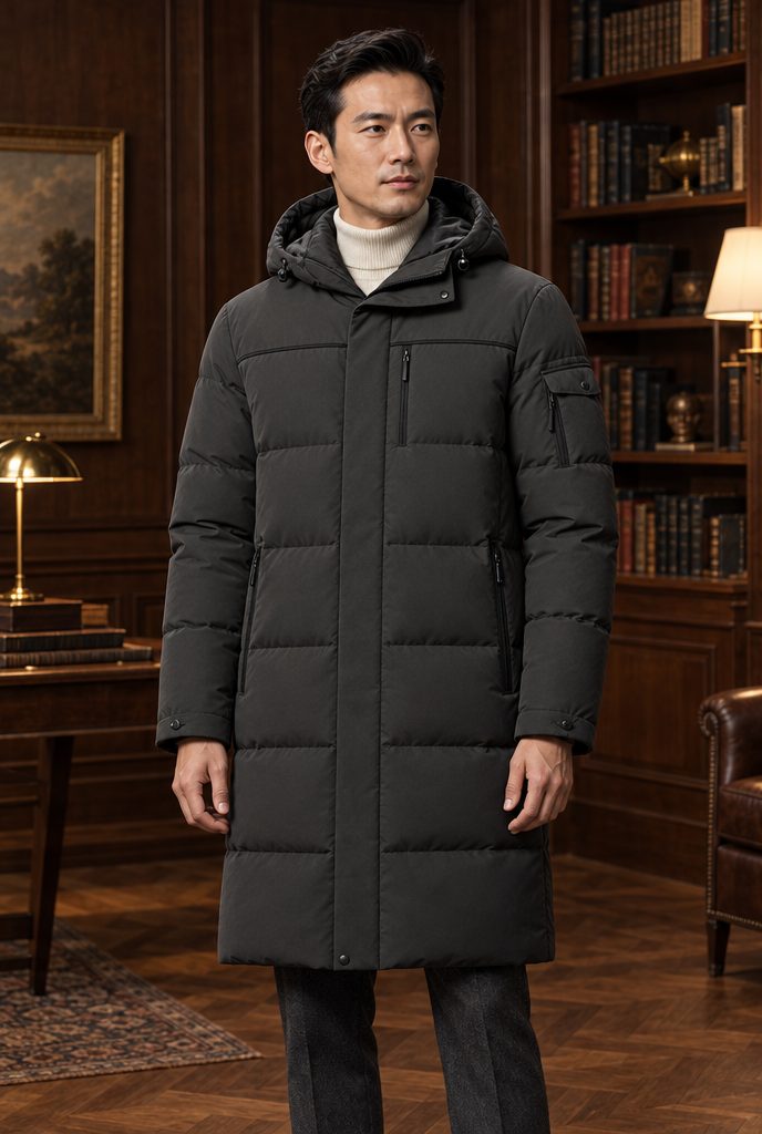 Parka longue matelassée à capuche — Anthracite — en situation