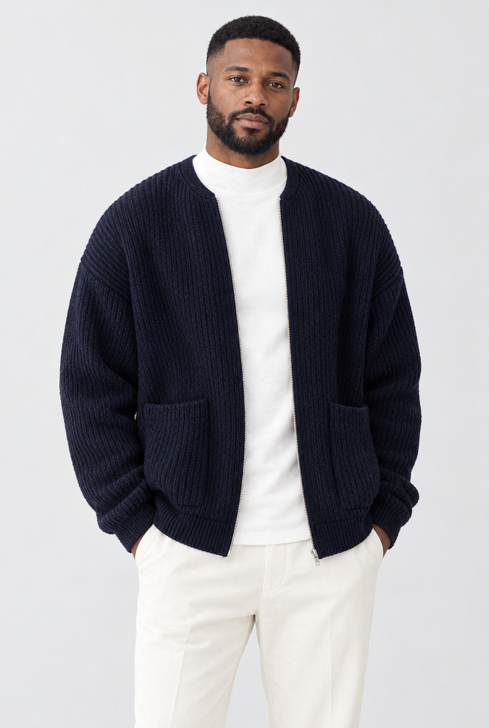 Navy ribbed knit zip cardigan, studio hero