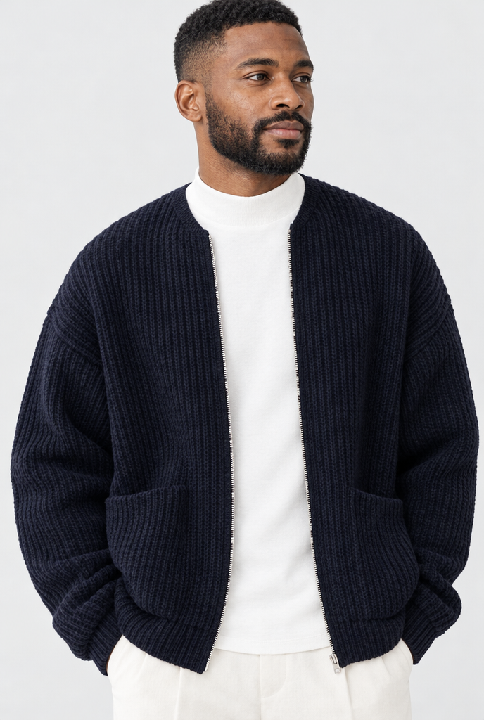 Navy ribbed knit zip cardigan, neckline close-up