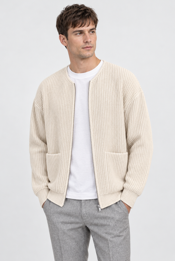 Men's Ribbed Knit Zip-Up Cardigan Jacket
