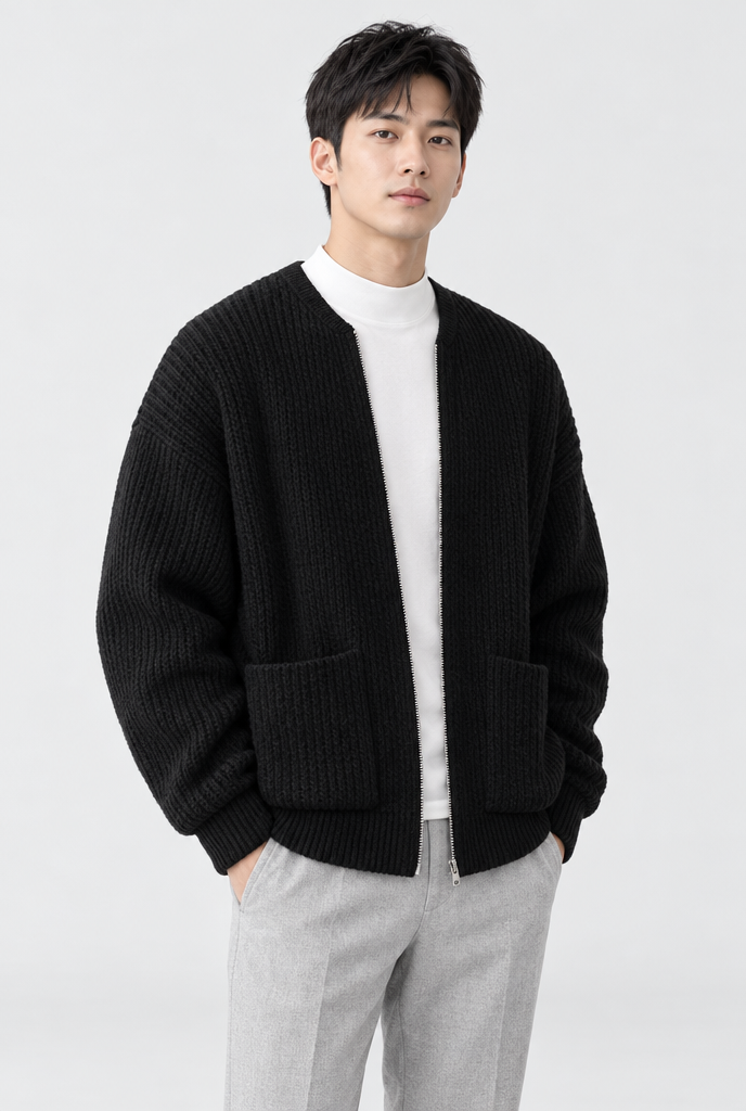 Black ribbed knit zip cardigan, studio hero