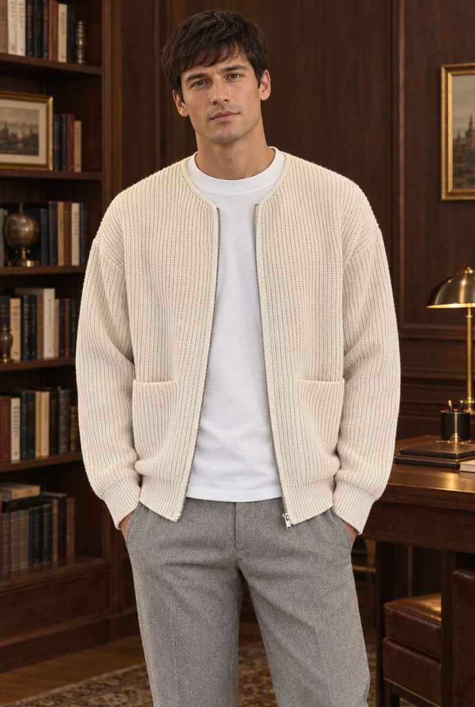 Cream ribbed knit zip cardigan, lifestyle