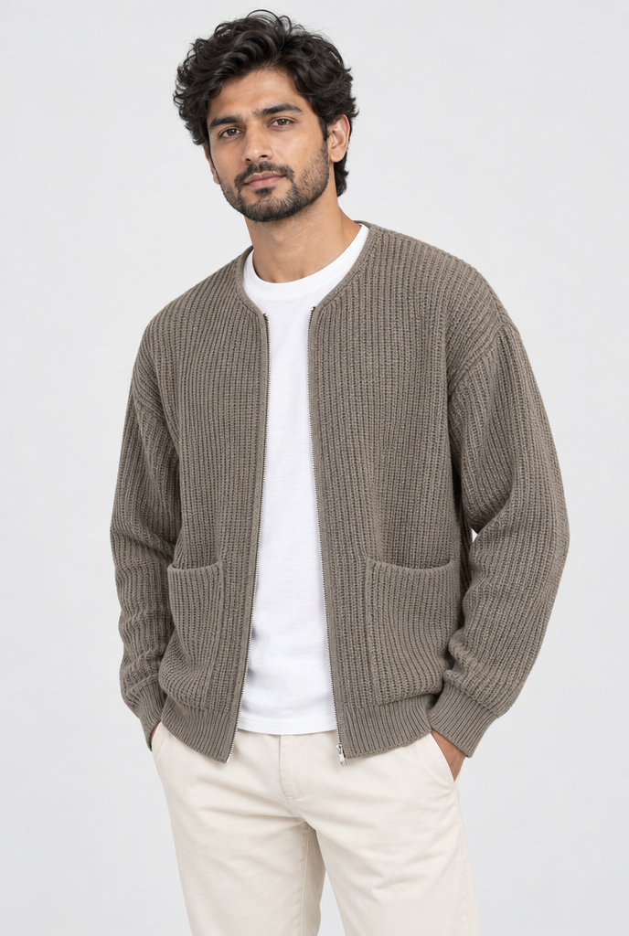 Taupe ribbed knit zip cardigan, studio hero