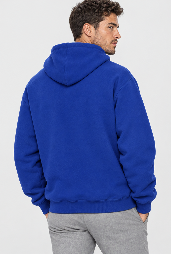 Royal Blue drop-shoulder pullover hoodie, back view