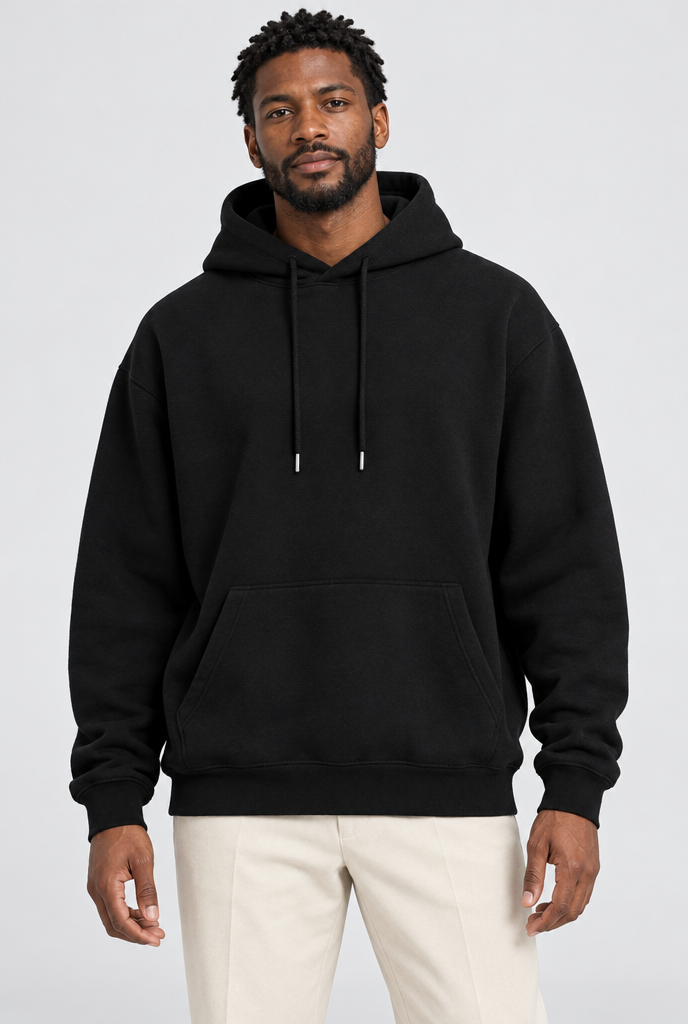 Black drop-shoulder pullover hoodie, studio hero
