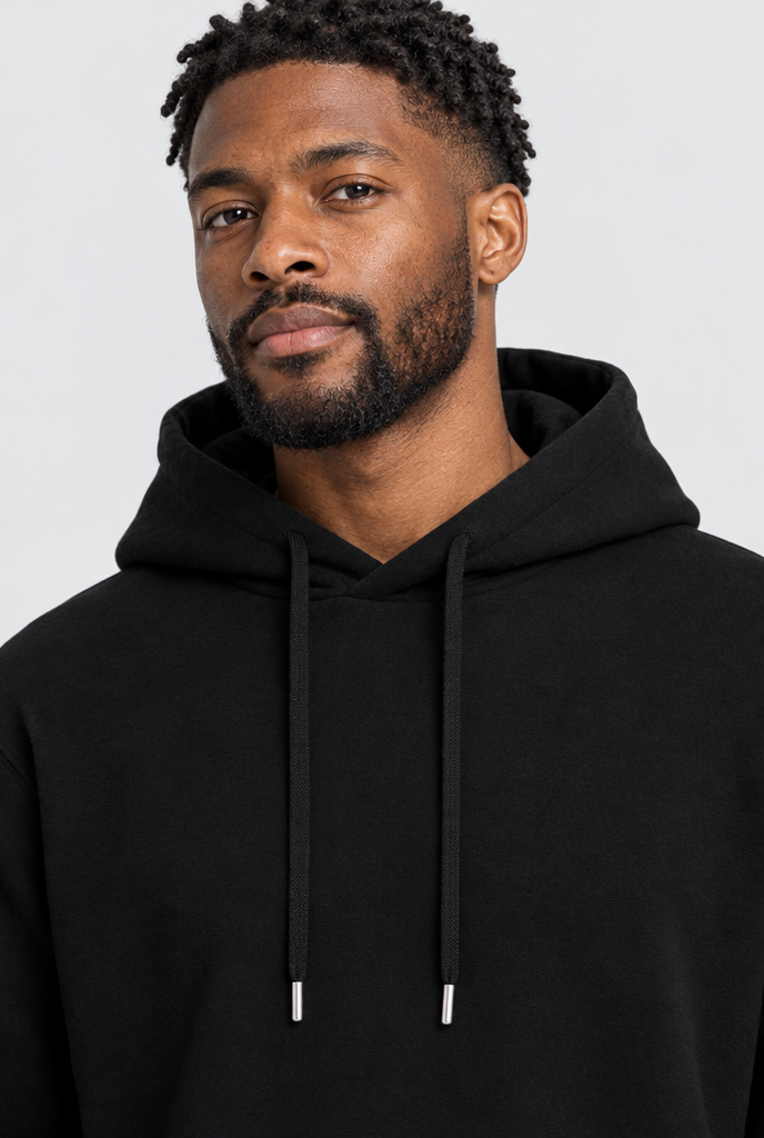 Black drop-shoulder pullover hoodie, hood close-up