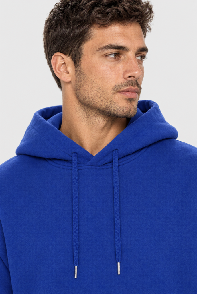Royal Blue drop-shoulder pullover hoodie, hood close-up