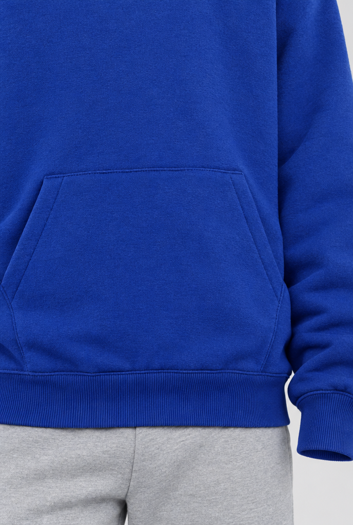 Royal Blue drop-shoulder pullover hoodie, pocket detail