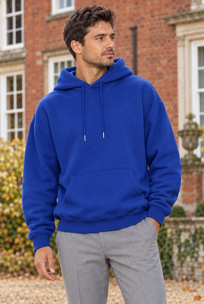 Royal Blue drop-shoulder pullover hoodie, lifestyle