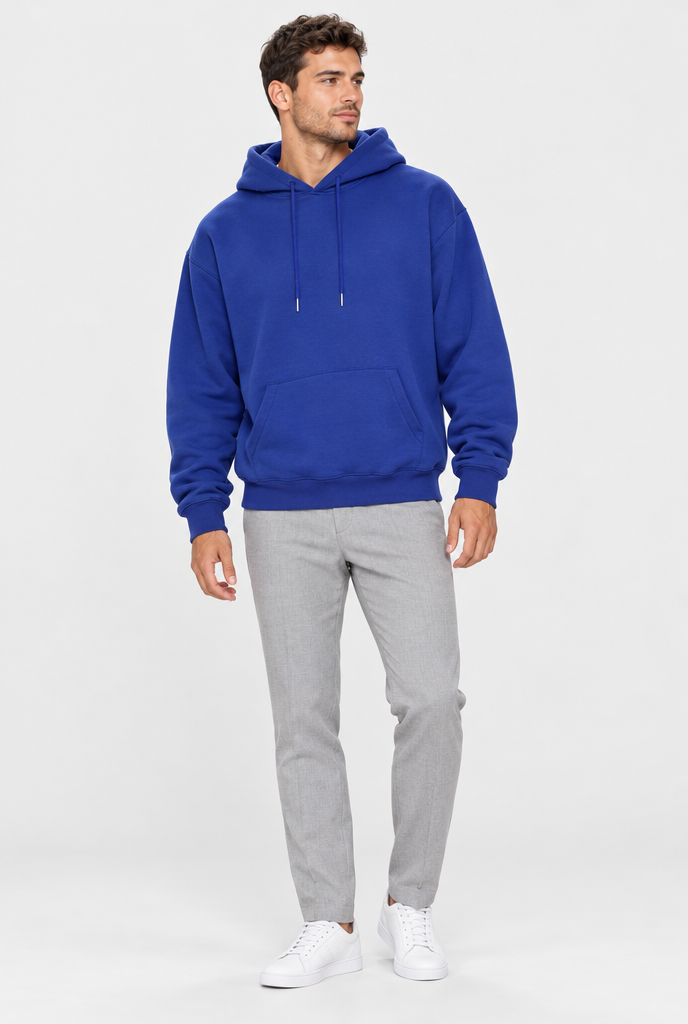 Royal Blue drop-shoulder pullover hoodie, full body