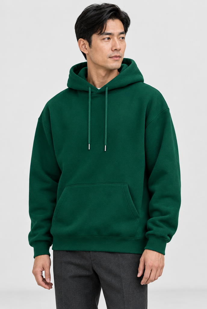 Forest Green drop-shoulder pullover hoodie, studio hero