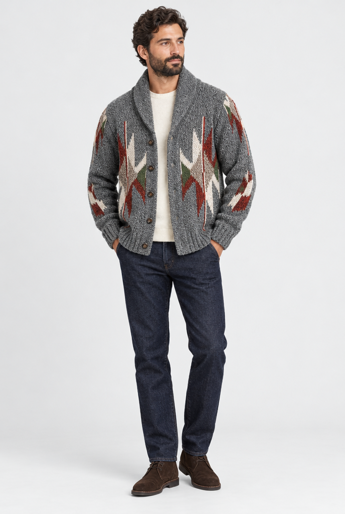 Gilet col châle en maille à motifs graphiques — Gris chiné clair — silhouette complète