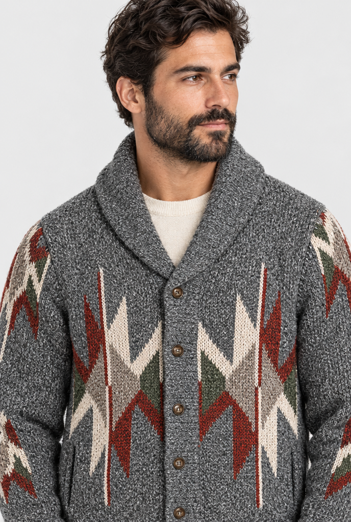 Heather Grey shawl-collar Southwest knit cardigan, shawl collar