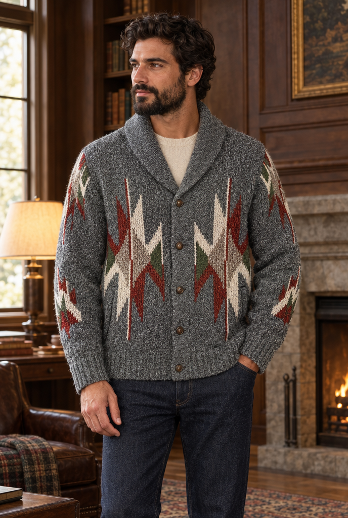Heather Grey shawl-collar Southwest knit cardigan, wood-panelled study