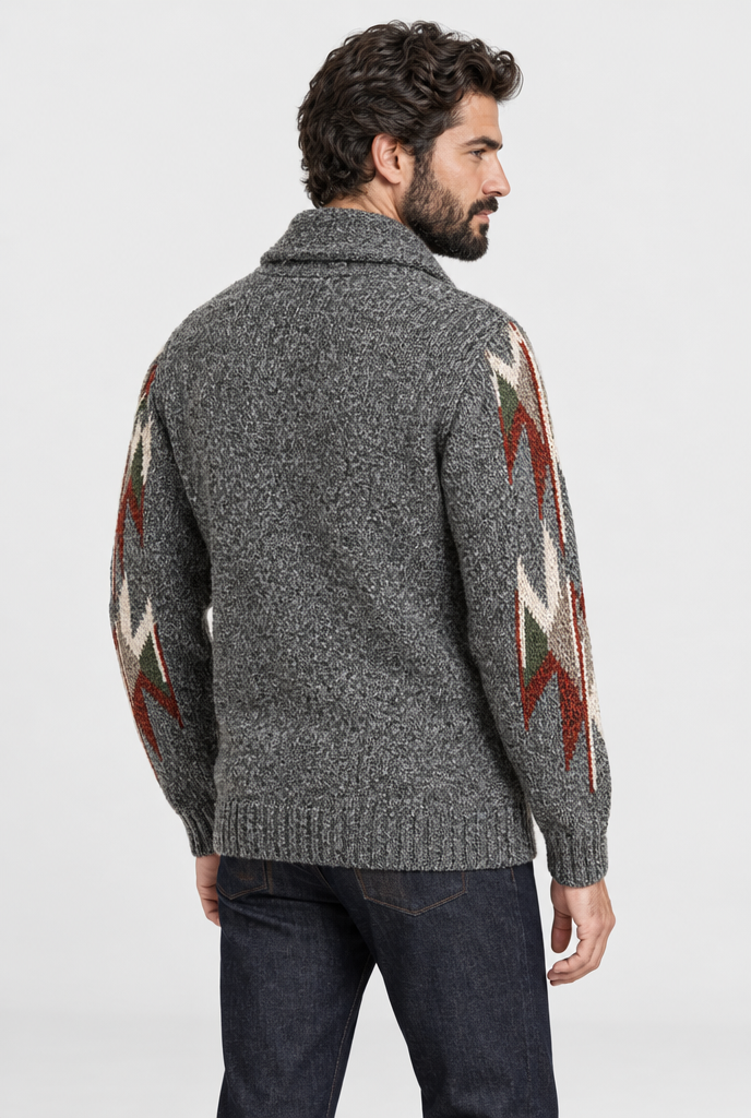 Heather Grey shawl-collar Southwest knit cardigan, back view