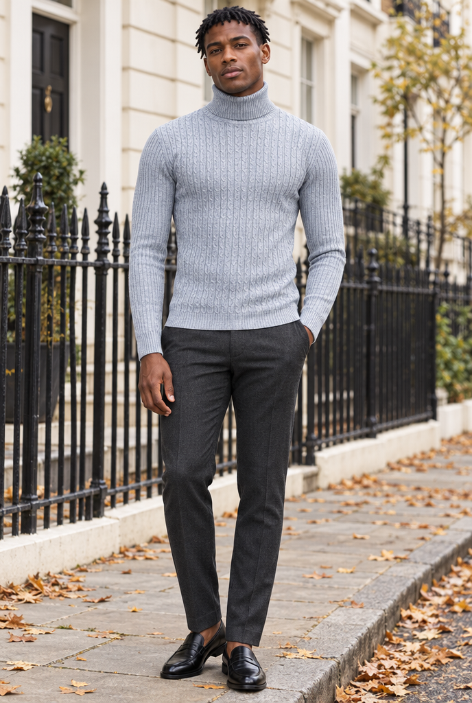 Light Grey cable-ribbed turtleneck, lifestyle