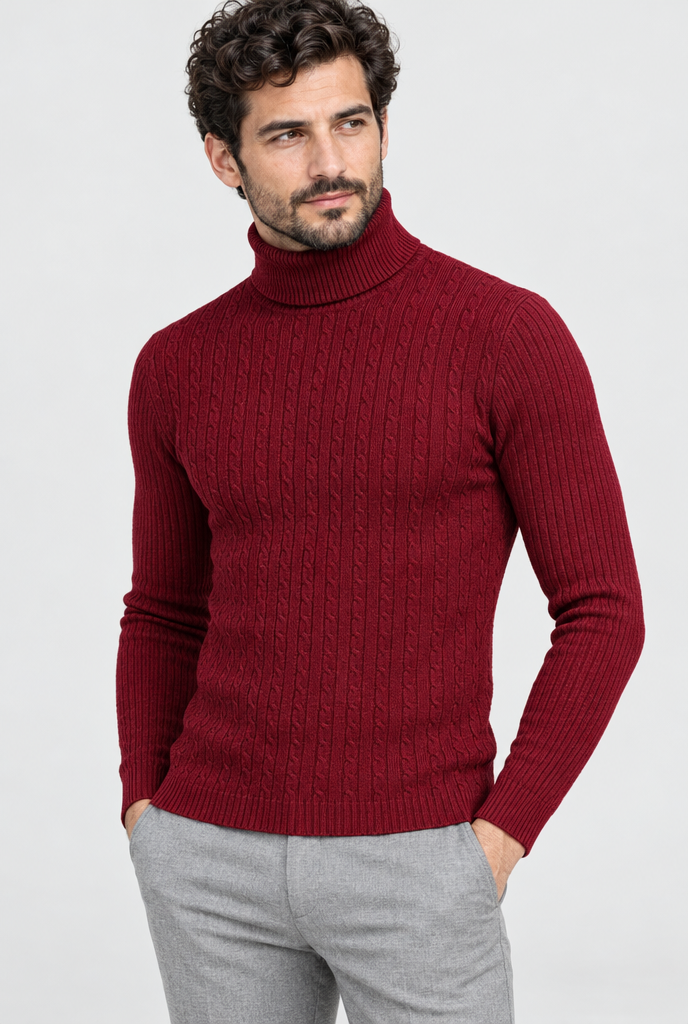Burgundy cable-ribbed turtleneck, studio hero