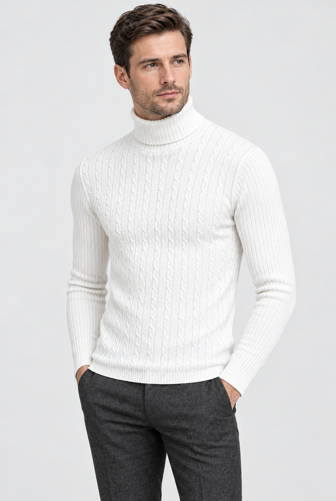Off-White cable-ribbed turtleneck, studio hero