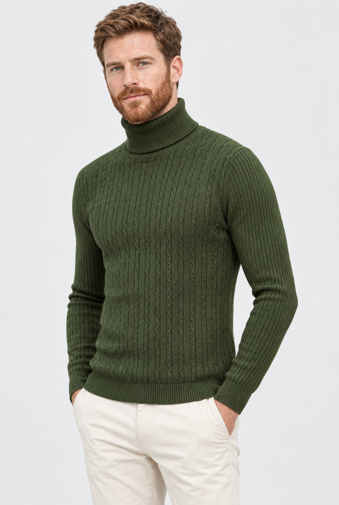 Olive cable-ribbed turtleneck, studio hero