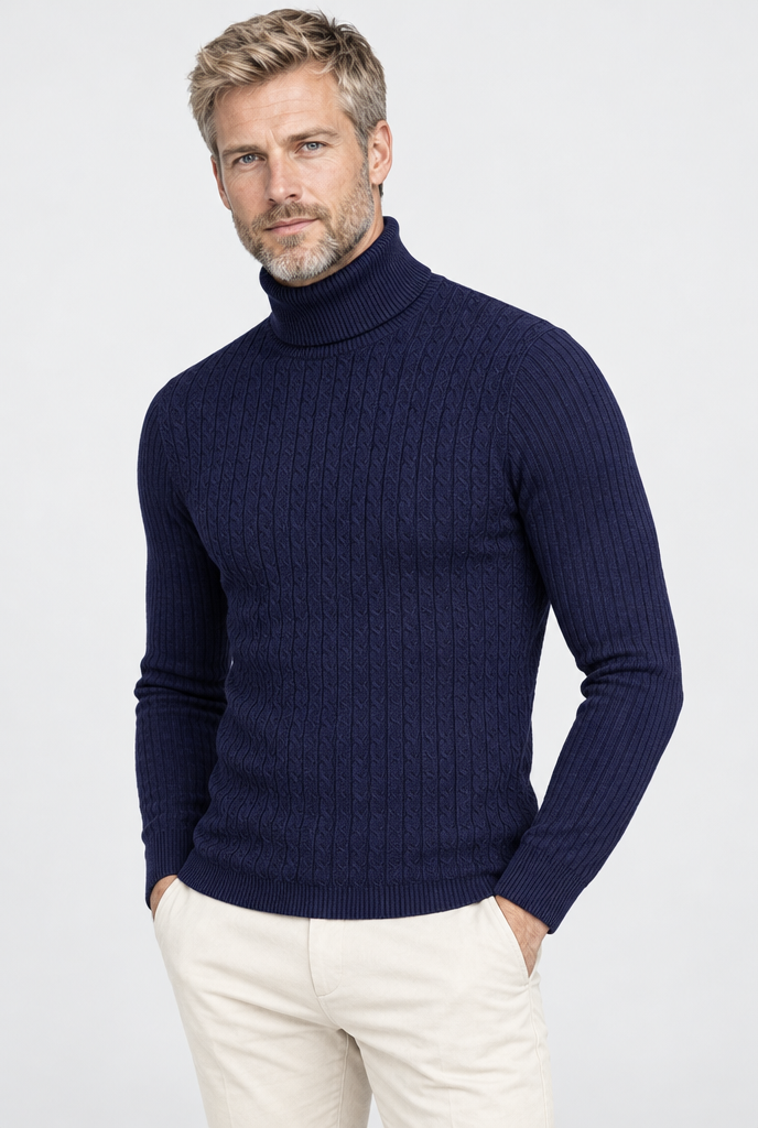 Navy cable-ribbed turtleneck, studio hero