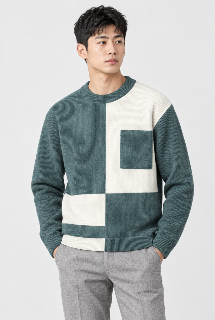 Teal colorblock sweater, studio hero