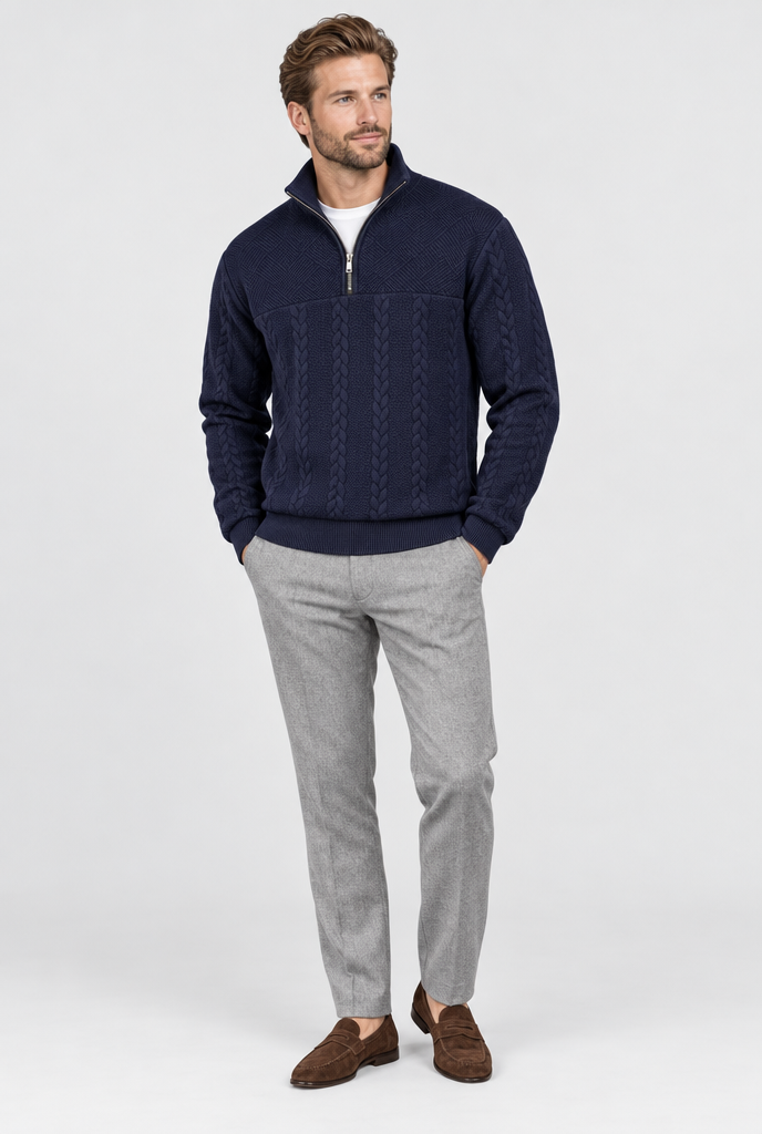 Navy cable-jacquard quarter-zip pullover, full body