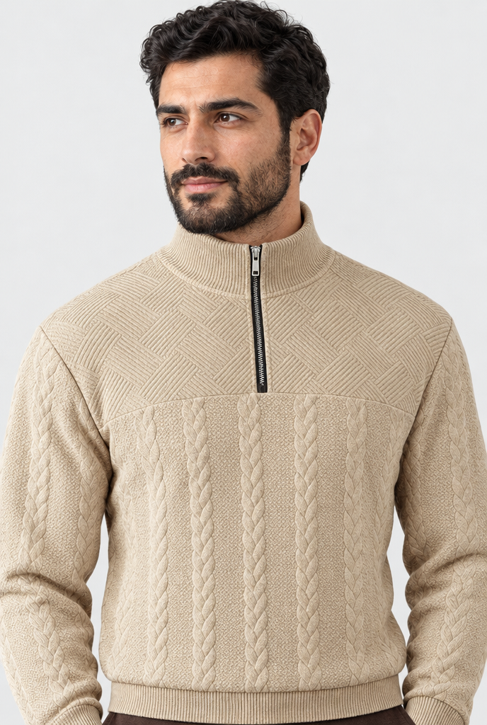 Sand cable-jacquard quarter-zip pullover, collar close-up