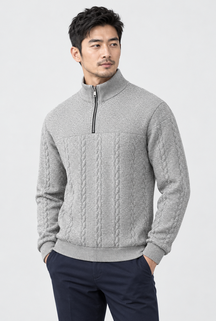 Heather Grey cable-jacquard quarter-zip pullover, studio hero