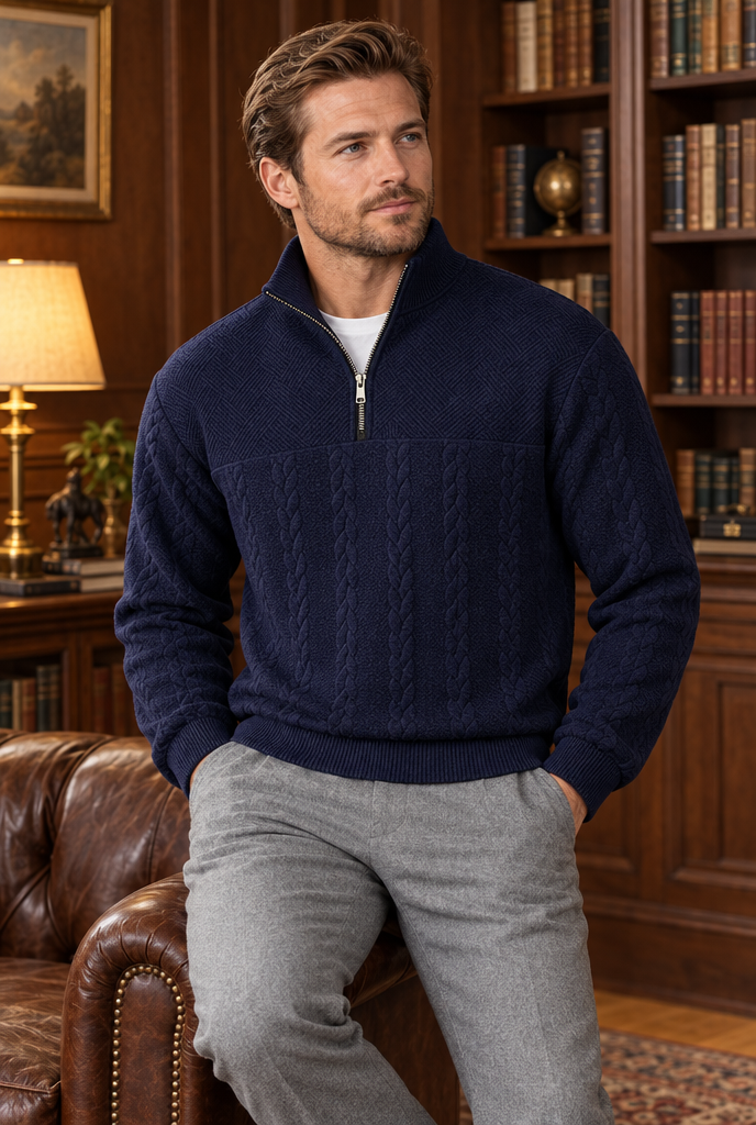 Navy cable-jacquard quarter-zip pullover, lifestyle