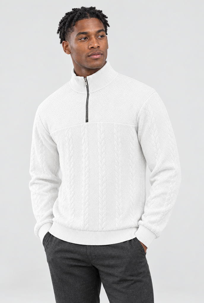 White cable-jacquard quarter-zip pullover, studio hero