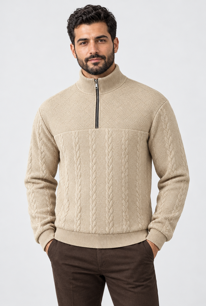 Sand cable-jacquard quarter-zip pullover, studio hero