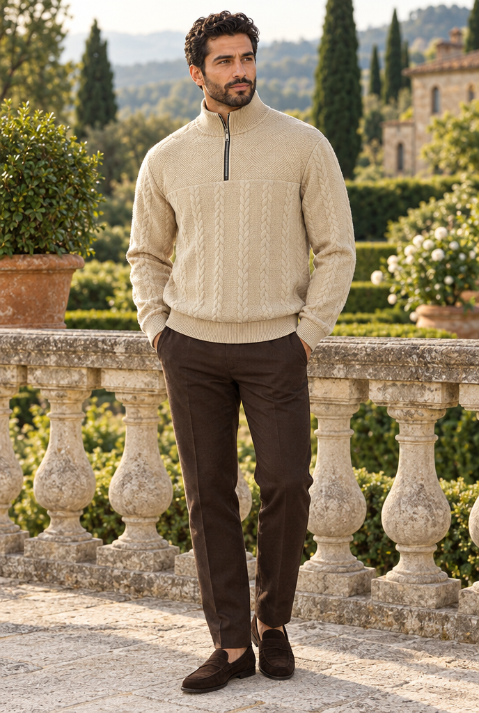 Sand cable-jacquard quarter-zip pullover, lifestyle