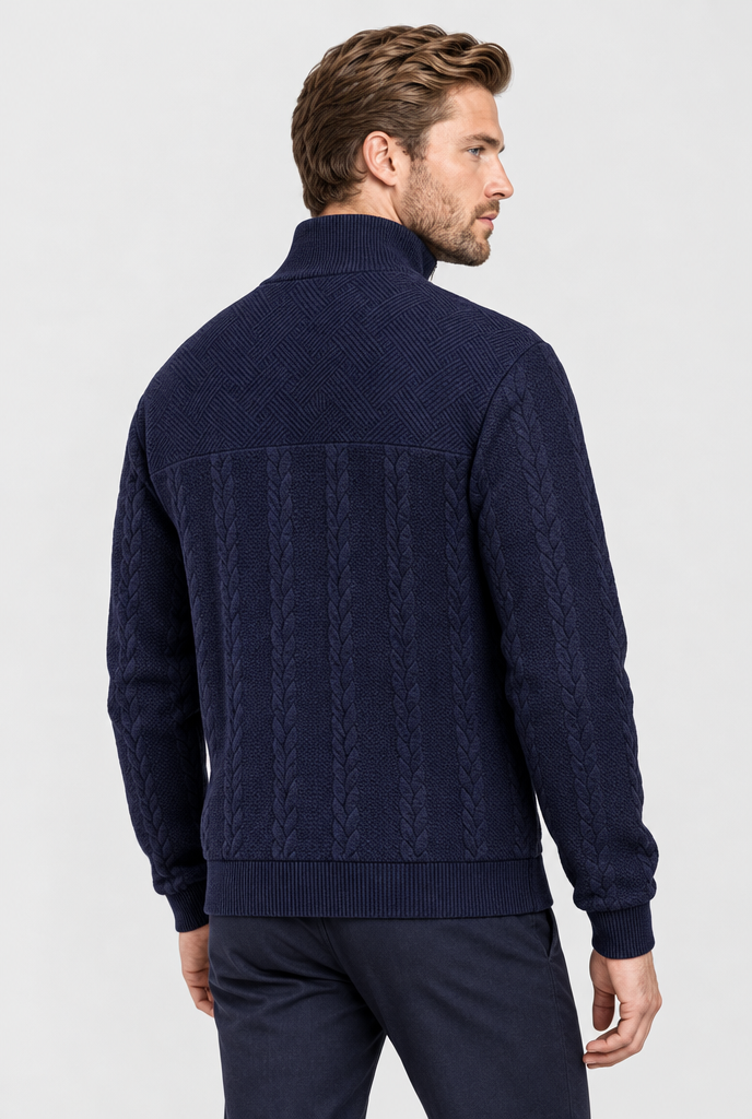 Navy cable-jacquard quarter-zip pullover, back view