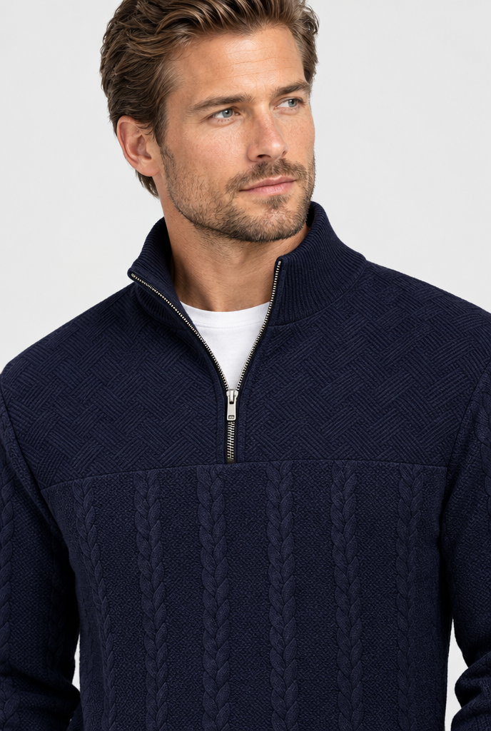 Navy cable-jacquard quarter-zip pullover, collar close-up