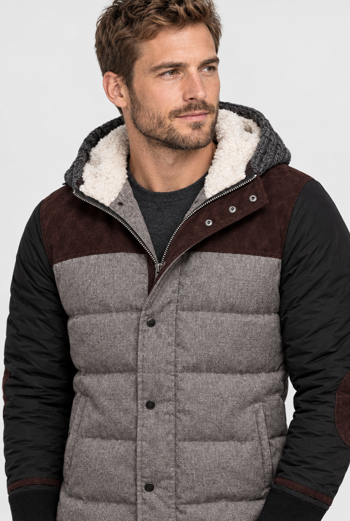 Heather Grey knit-hood sherpa-lined padded jacket, collar