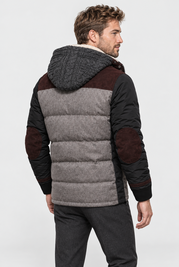 Veste rembourrée à capuche maille doublée sherpa — Gris chiné clair — vue de dos