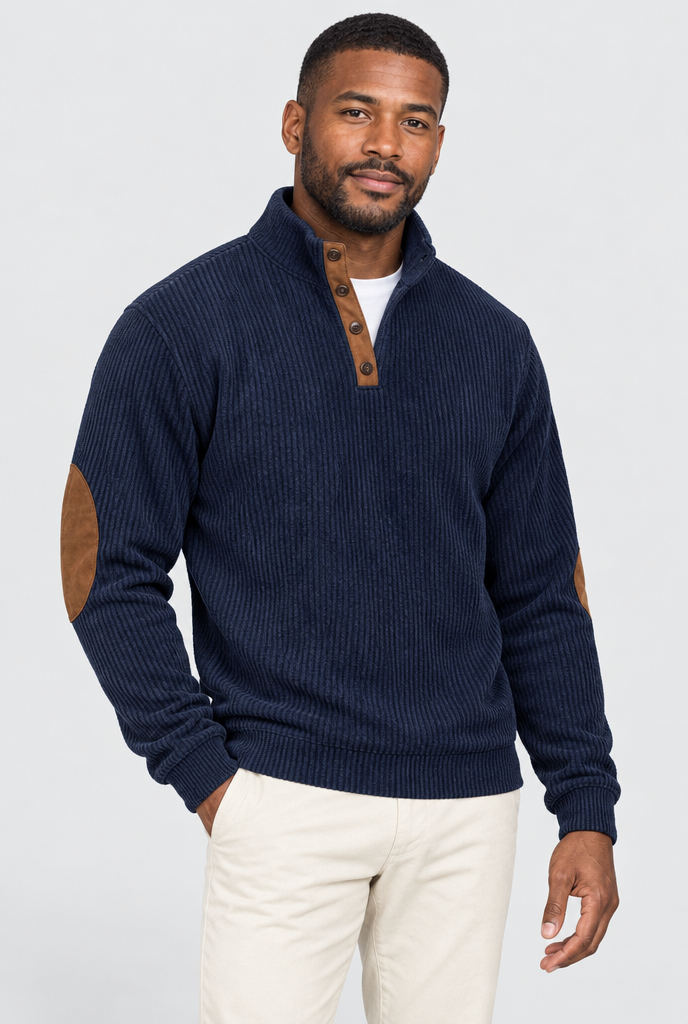 Navy corduroy elbow-patch pullover, studio hero
