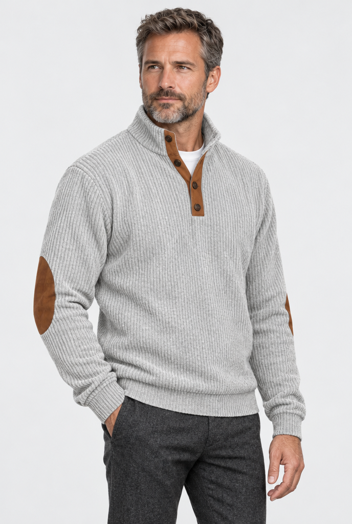 Light Grey corduroy elbow-patch pullover, studio hero