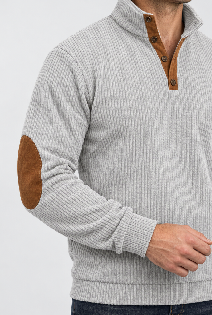 Light Grey corduroy elbow-patch pullover, elbow patch detail