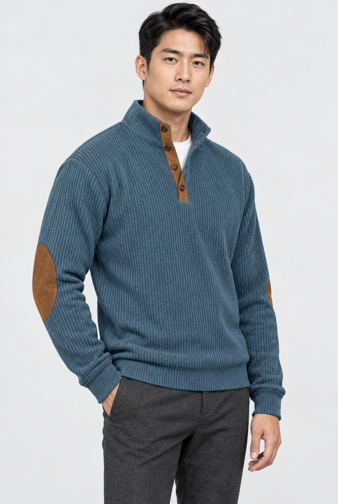 Denim Blue corduroy elbow-patch pullover, studio hero