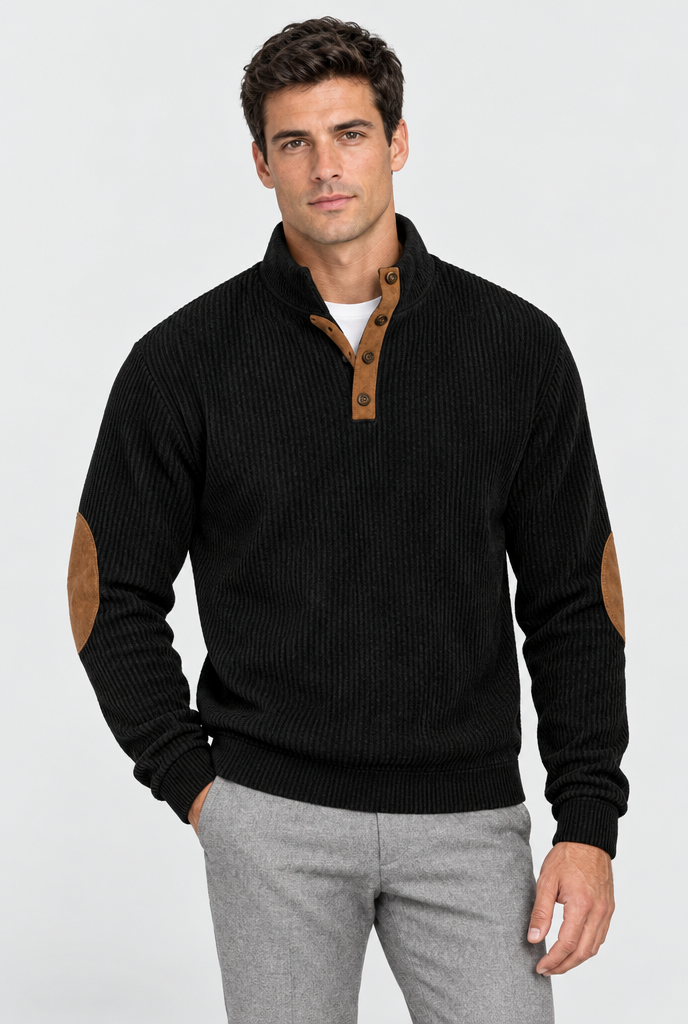 Black corduroy elbow-patch pullover, studio hero