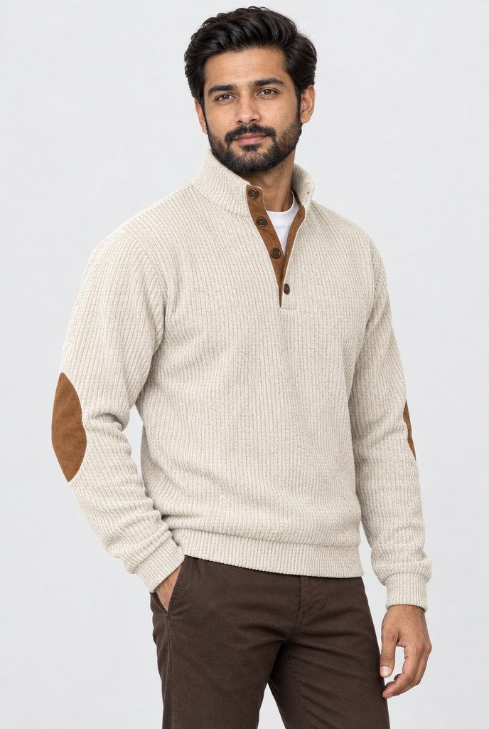 Oatmeal corduroy elbow-patch pullover, studio hero