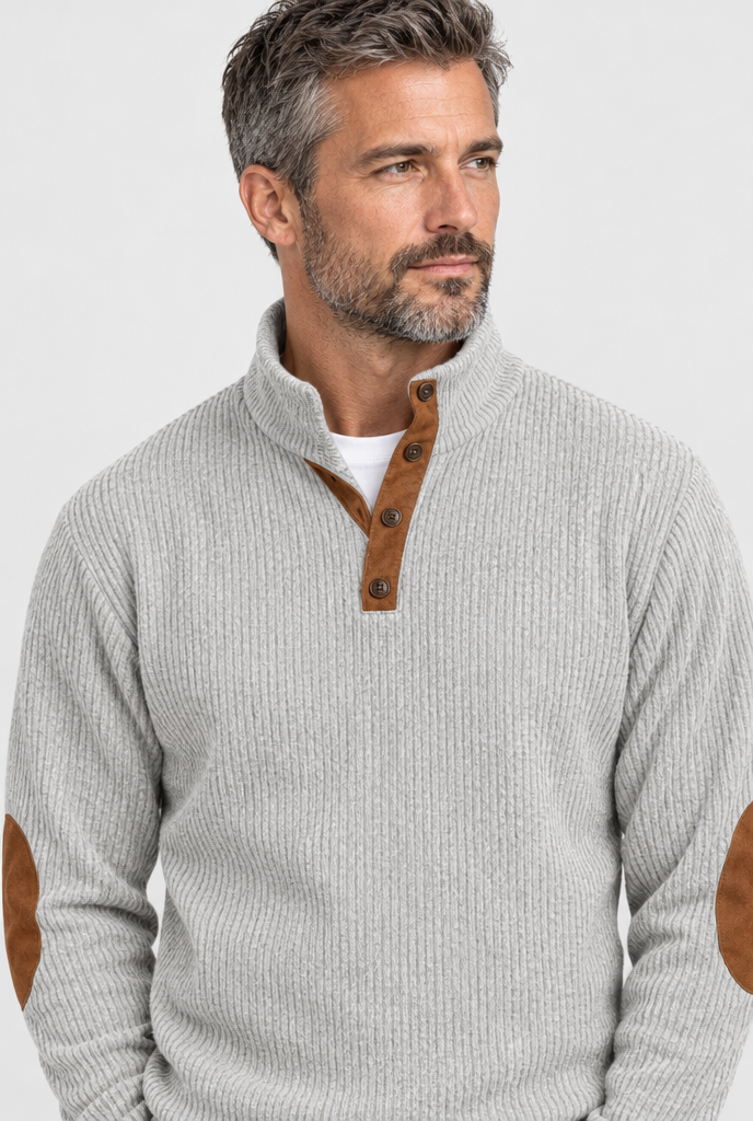 Light Grey corduroy elbow-patch pullover, collar