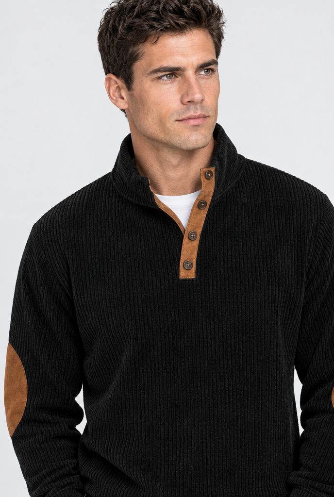 Black corduroy elbow-patch pullover, collar