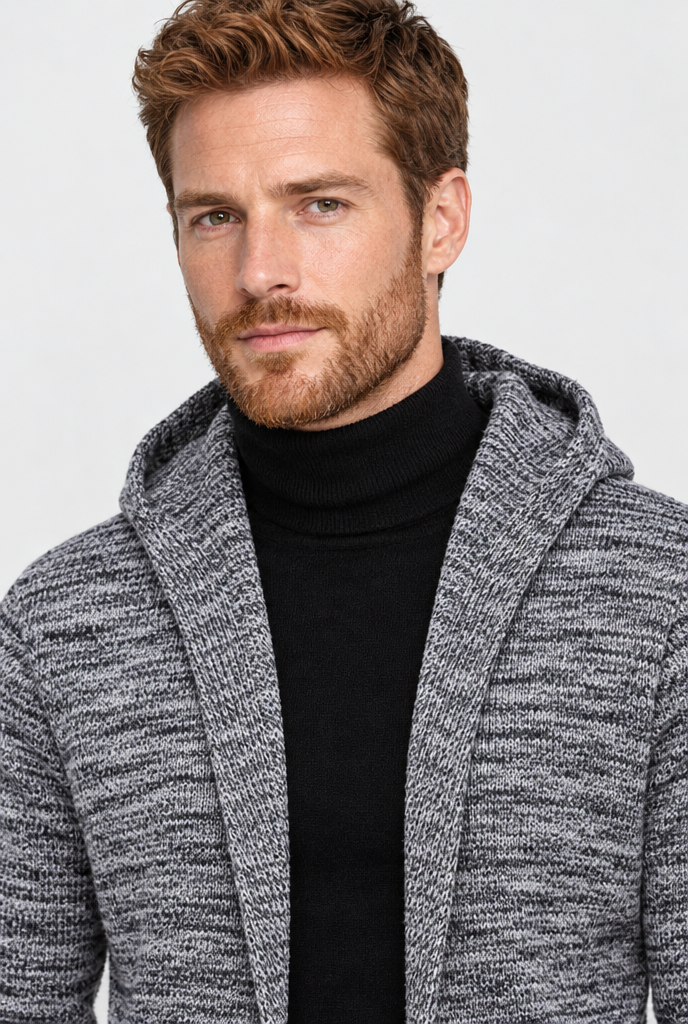 Long gilet ouvert à capuche en maille — Gris chiné clair — détail du col