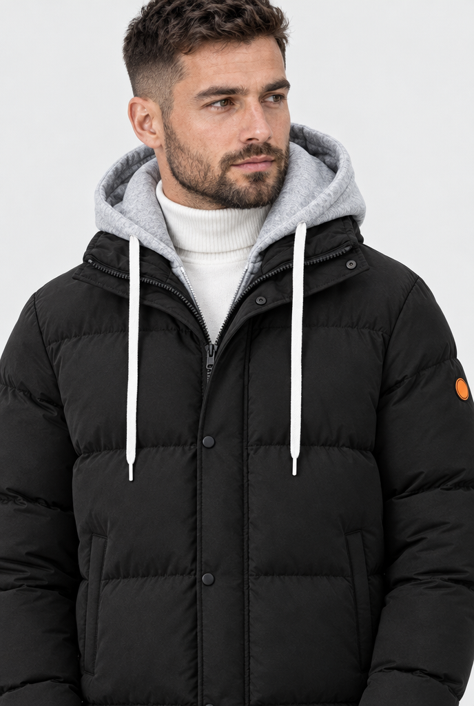 Black layered-hood puffer jacket, collar and hood